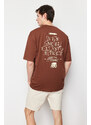 Trendyol Plus Size Brown Oversize/Wide-Fit 100% Cotton Text Printed T-Shirt