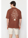 Trendyol Plus Size Brown Oversize/Wide-Fit 100% Cotton Text Printed T-Shirt