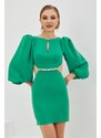 Carmen Green Crepe Stone Balloon Sleeve Short Evening Dress