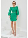 Carmen Green Crepe Stone Balloon Sleeve Short Evening Dress