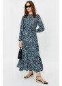 Trendyol Ecru Small Flower Printed Ruffle Detail Belted Woven Dress