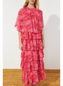 Trendyol Pink Floral Skirt Layered Chiffon Woven Evening Dress