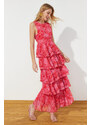 Trendyol Pink Floral Skirt Layered Chiffon Woven Evening Dress