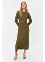 Trendyol Khaki Stone and Cuff Detailed Evening Dress