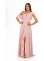 Carmen Powder Chiffon Off Shoulder Flounce Slit Evening Dress