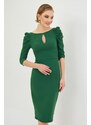 Carmen Emerald Crepe Pearl Embroidered Midi Evening Dress