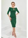 Carmen Emerald Crepe Pearl Embroidered Midi Evening Dress