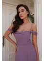 Carmen Lavender Chiffon Low Sleeve Long Evening Dress