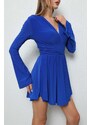 BİKELİFE Women's Blue Spanish Sleeve Shorts Chest and Decollete Decollete Detail Dress