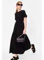 Trendyol Black Gathered Skirt Ruffle Maxi Short Sleeve Crew Neck Knitted Dress