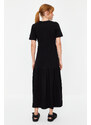 Trendyol Black Gathered Skirt Ruffle Maxi Short Sleeve Crew Neck Knitted Dress