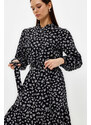 Trendyol Black Belted Skirt Flounced Floral Patterned Lined Woven Dress