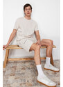 Trendyol Beige Motto Printed Knitted Shorts Pajamas Set