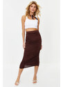 Trendyol Brown Gathered Body Fitted Elastic Waist Lined Maxi Stretch Knitted Skirt