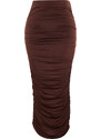 Trendyol Brown Gathered Body Fitted Elastic Waist Lined Maxi Stretch Knitted Skirt