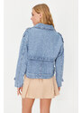 Trendyol Blue Belted Short Denim Trench Coat Jacket