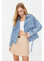 Trendyol Blue Belted Short Denim Trench Coat Jacket