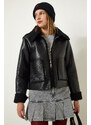 Happiness İstanbul Black Fur Collar Wide Pocket Faux Leather Jacket