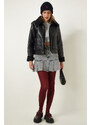 Happiness İstanbul Black Fur Collar Wide Pocket Faux Leather Jacket