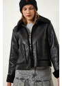 Happiness İstanbul Black Fur Collar Wide Pocket Faux Leather Jacket