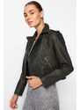 Trendyol Anthracite Aged Detailed Faux Leather Biker Jacket Coat