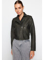 Trendyol Anthracite Aged Detailed Faux Leather Biker Jacket Coat