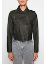 Trendyol Anthracite Aged Detailed Faux Leather Biker Jacket Coat