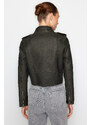 Trendyol Anthracite Aged Detailed Faux Leather Biker Jacket Coat