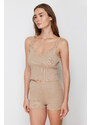 Trendyol Beige Lace Detailed Ribbed Knitted Pajamas Set