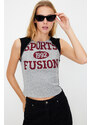 Trendyol Gray Melange Color Block Slogan Printed Fitted/Situated Crop Knitted T-Shirt