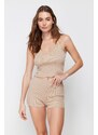 Trendyol Beige Lace Detailed Ribbed Knitted Pajamas Set