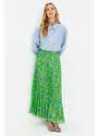 Trendyol Green Pleated Floral Pattern Lined Chiffon Woven Skirt