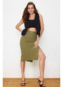 Trendyol Light Khaki Gathered Slit Detail Pencil Fit Midi Woven Skirt