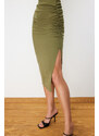 Trendyol Light Khaki Gathered Slit Detail Pencil Fit Midi Woven Skirt