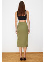 Trendyol Light Khaki Gathered Slit Detail Pencil Fit Midi Woven Skirt