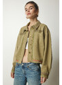 Happiness İstanbul Women's Khaki Embroidered Tasseled Oversize Denim Jacket