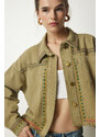 Happiness İstanbul Women's Khaki Embroidered Tasseled Oversize Denim Jacket