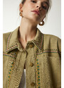 Happiness İstanbul Women's Khaki Embroidered Tasseled Oversize Denim Jacket