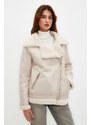 Trendyol Beige Faux Leather Plush Collar Detailed Biker Closure Coat