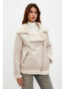 Trendyol Beige Faux Leather Plush Collar Detailed Biker Closure Coat