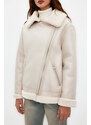 Trendyol Beige Faux Leather Plush Collar Detailed Biker Closure Coat