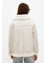 Trendyol Beige Faux Leather Plush Collar Detailed Biker Closure Coat