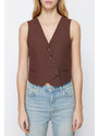 Trendyol Brown Crop Fitted Button Detailed Woven Linen Look Vest