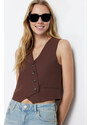 Trendyol Brown Crop Fitted Button Detailed Woven Linen Look Vest