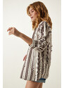Happiness İstanbul Women's Cream Brown Striped Oversize Knitted Shirt