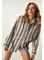 Happiness İstanbul Women's Cream Brown Striped Oversize Knitted Shirt