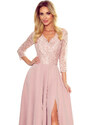 numoco AMBER - Elegantní dlouhé krajkové dámské šaty v pudrově růžové barvě s dekoltem 309-4