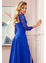 numoco AMBER - Elegantní dlouhé krajkové dámské šaty v chrpové barvě s dekoltem 309-2