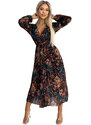 numoco basic Dlouhé dámské plisované šifonové šaty s výstřihem, dlouhými rukávy, páskem a se vzorem hnědo-světle modrých květů 519-2