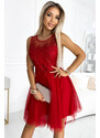 numoco basic CATERINA - Velmi žensky působící červené dámské šaty s plastickou výšivkou a jemným tylem 522-3
